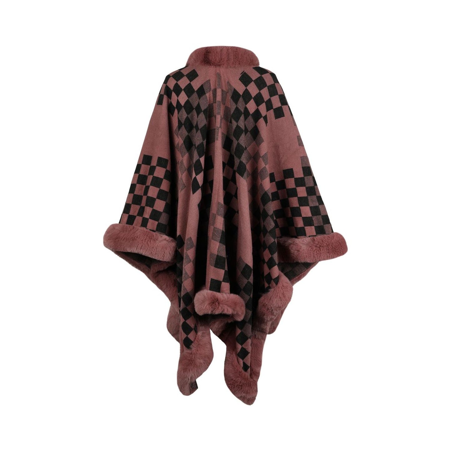 Checkered Faux Fur Trim Poncho