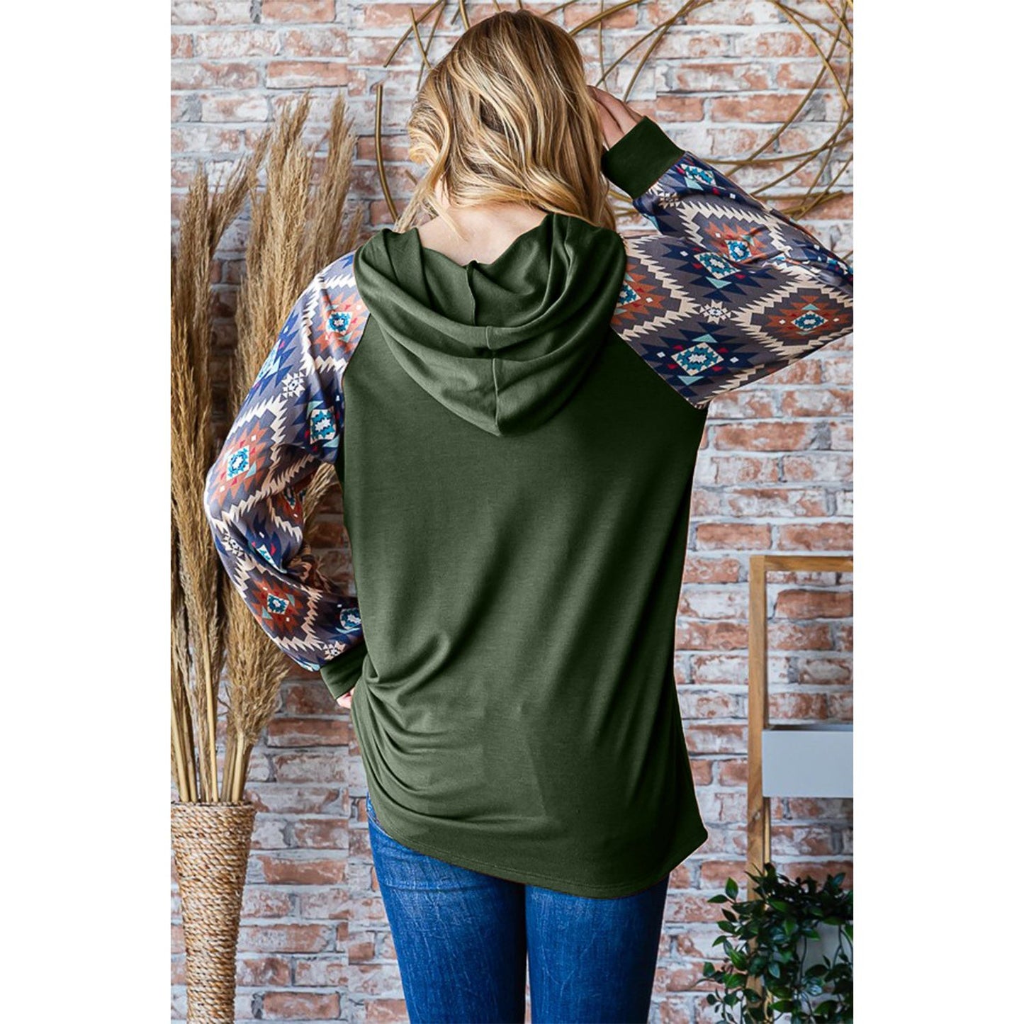 Heimish Full Size Half Button Printed Long Sleeve Hooded Top