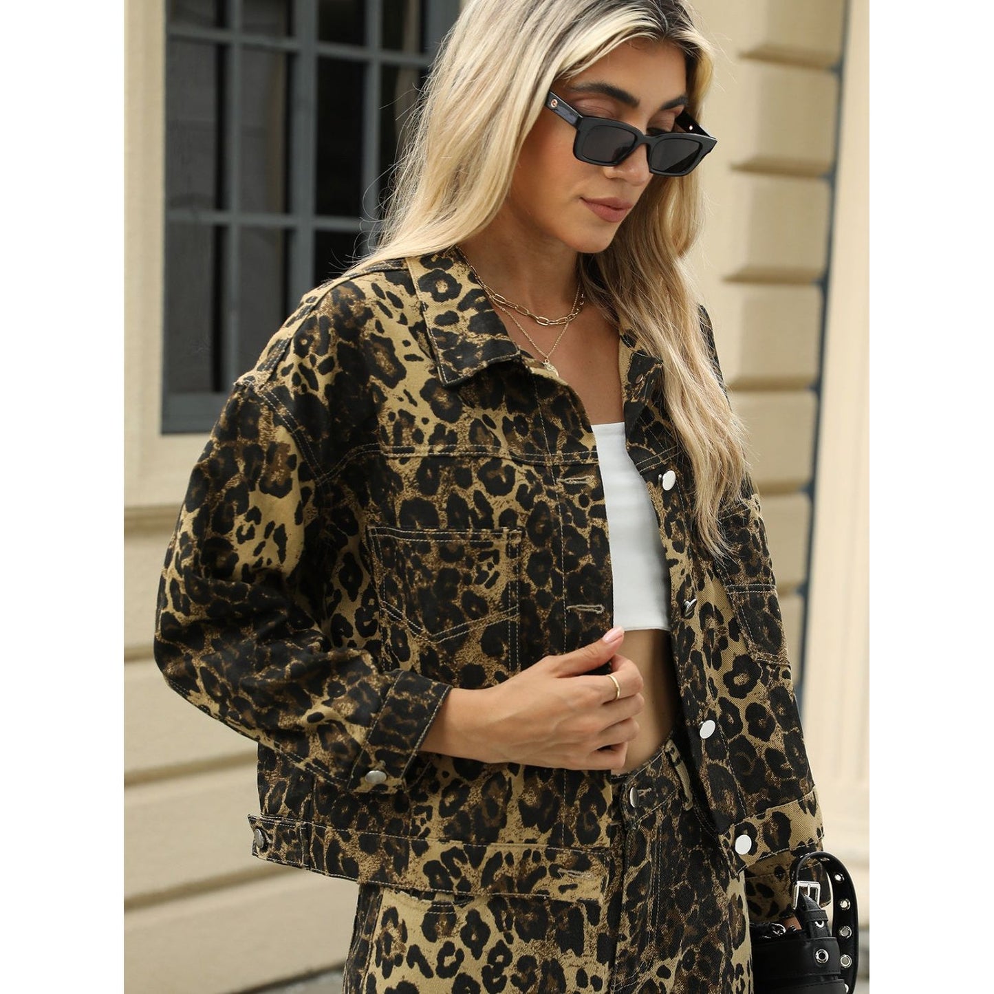 Pocketed Leopard Long Sleeve Denim Jacket