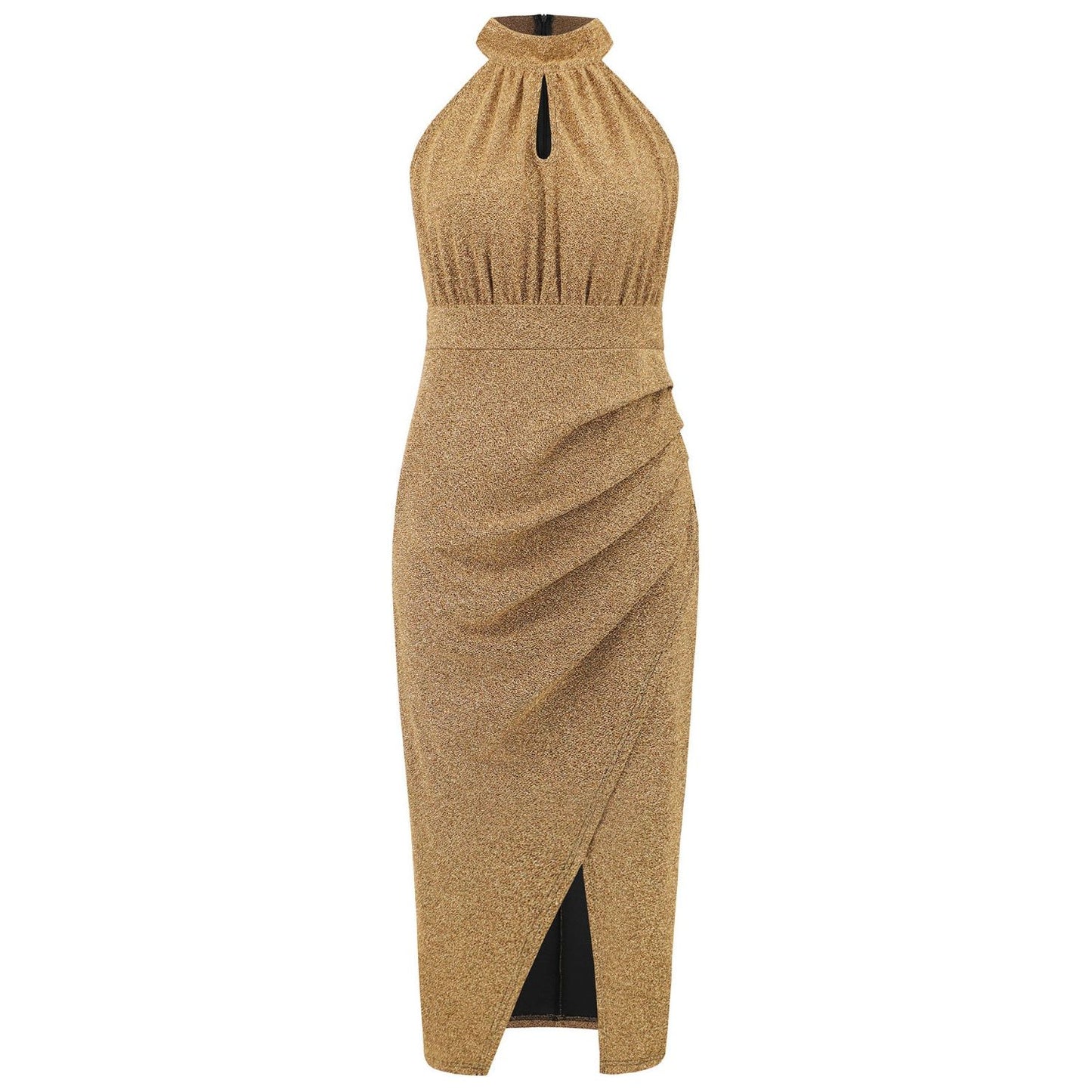 Slit Ruched Mock Neck Sleeveless Dress