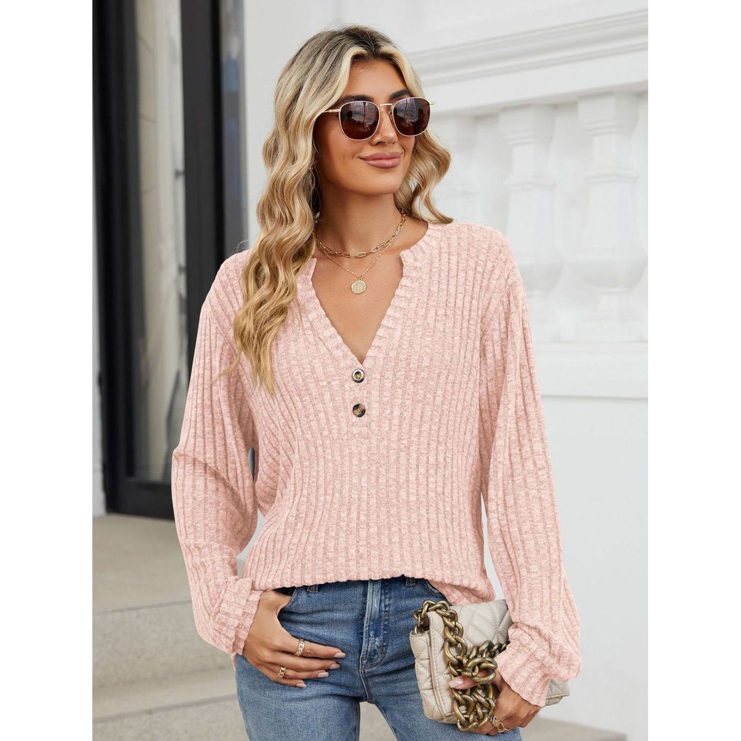 Ribbed Notched Long Sleeve T-Shirt