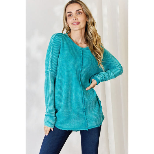 Zenana Oversized Washed Waffle Long Sleeve Top