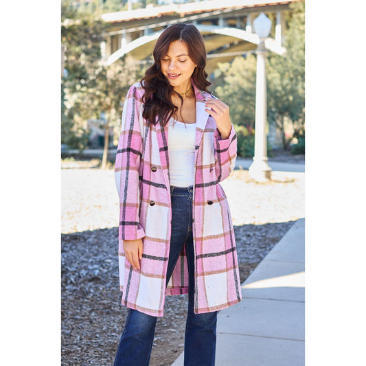 Double Take Full Size Plaid Button Up Lapel Collar Coat