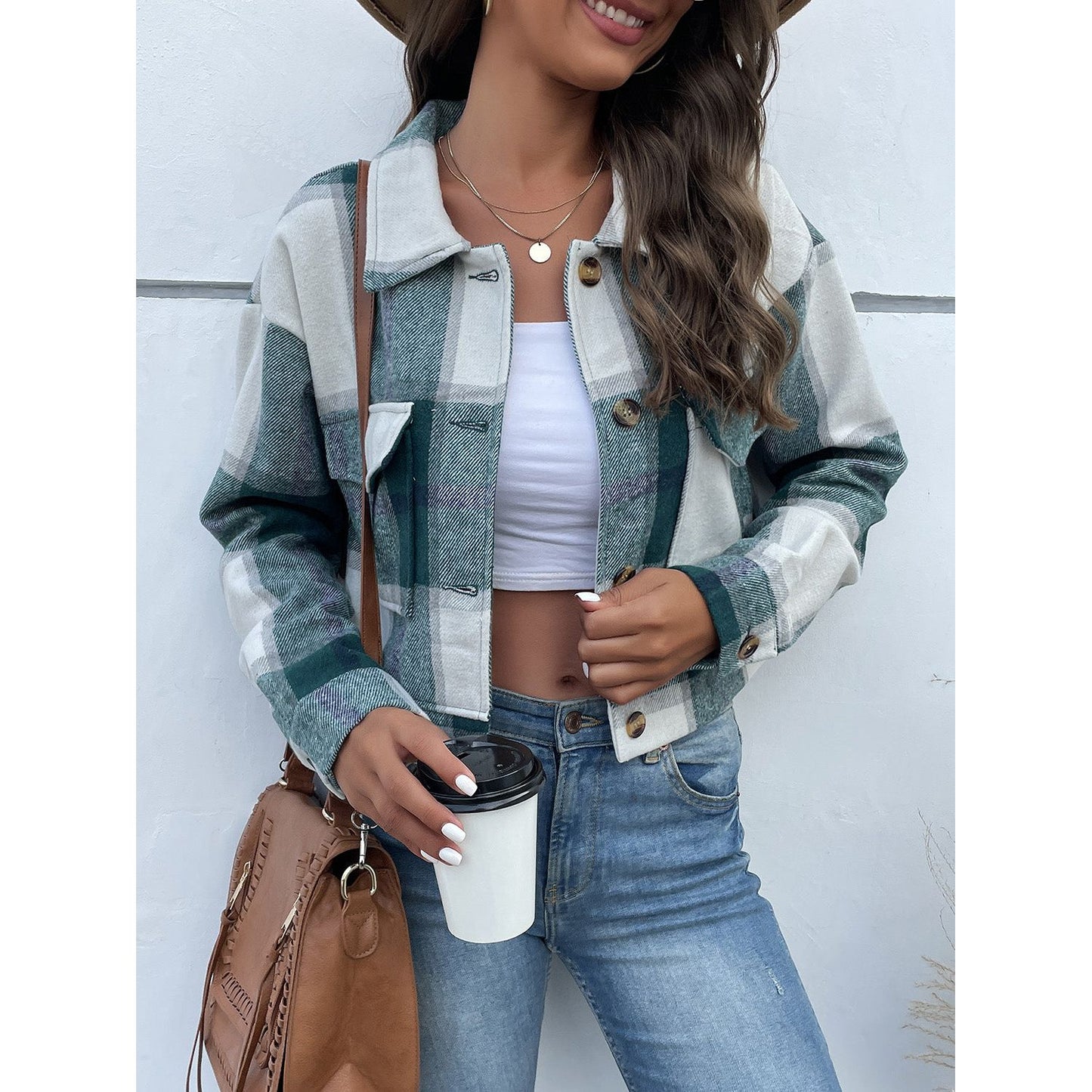 Perfee Plaid Button Up Drop Shoulder Cropped Jacket