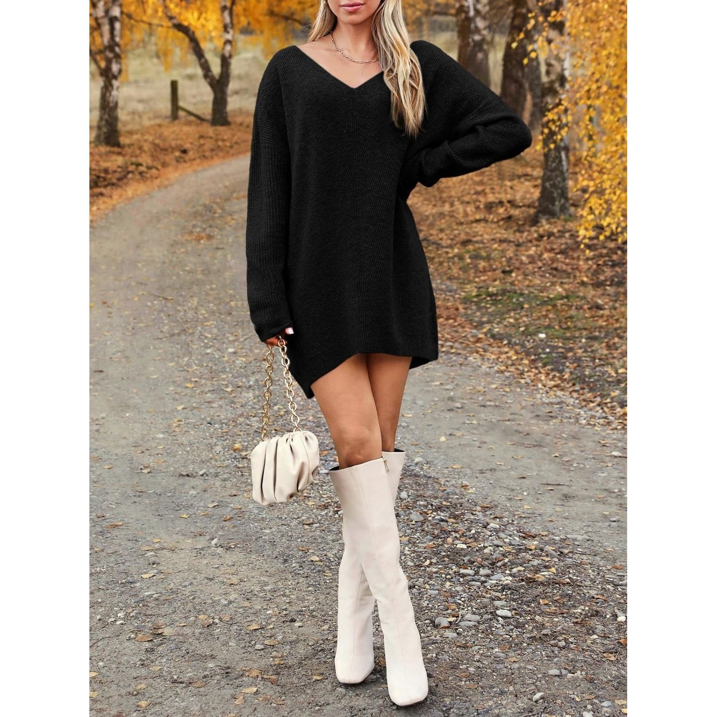 V-Neck Dropped Shoulder Sweater Dress