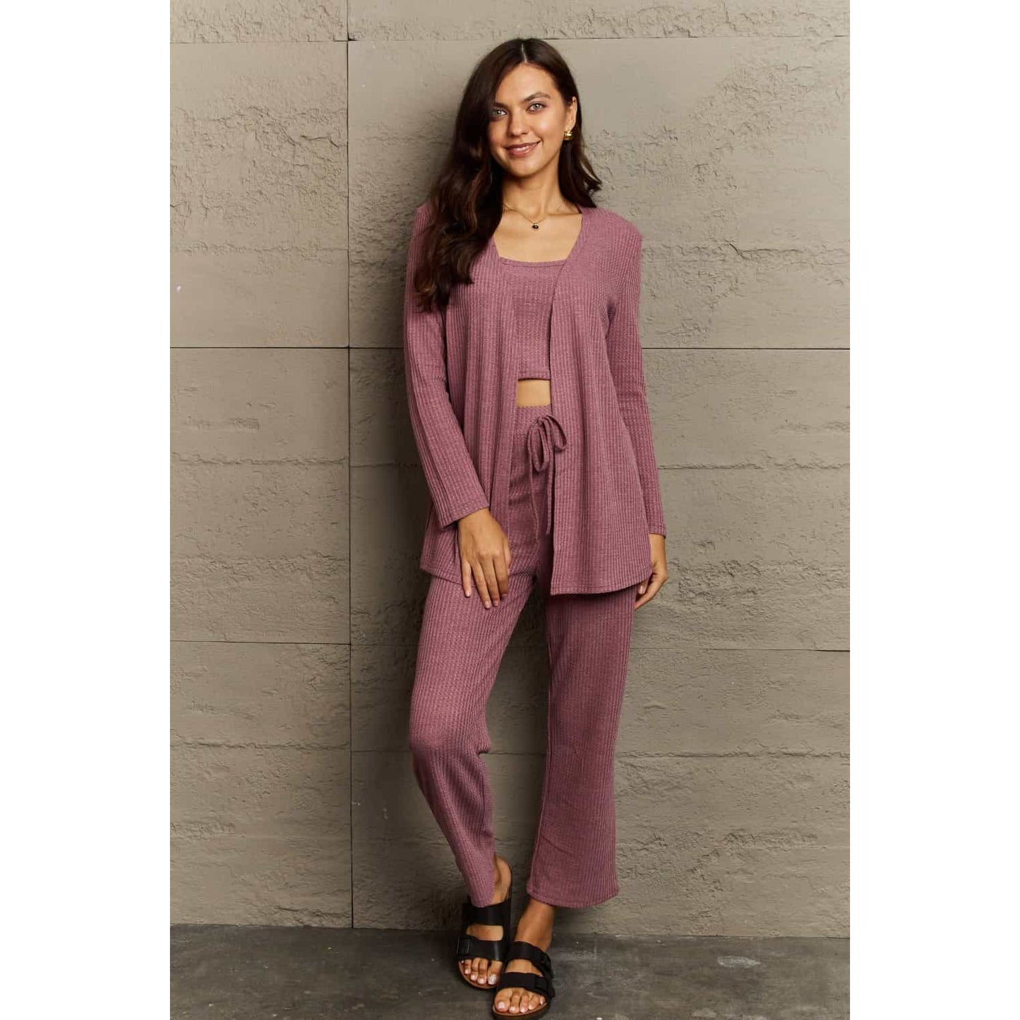 Ninexis Full Size Cropped Top, Long Pants and Cardigan Lounge Set