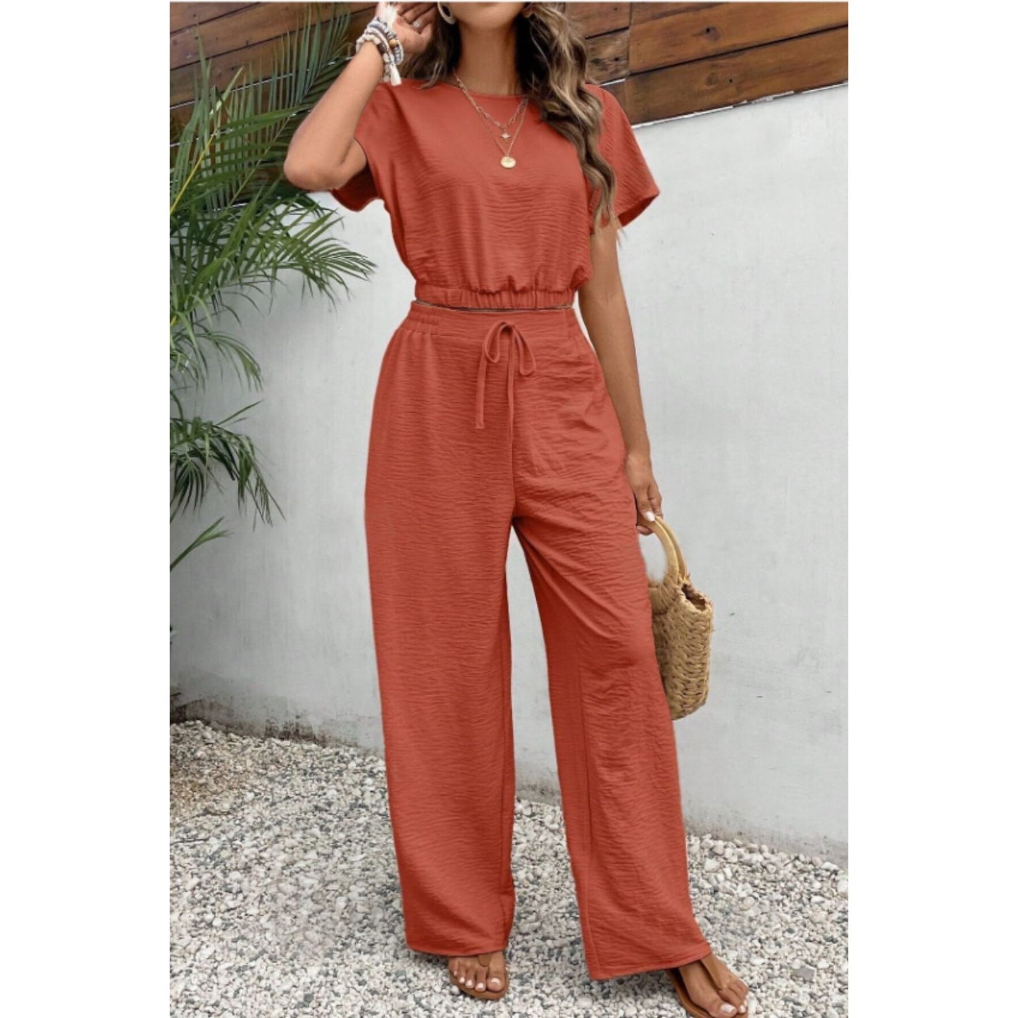 Round Neck Short Sleeve Top and Pants Set