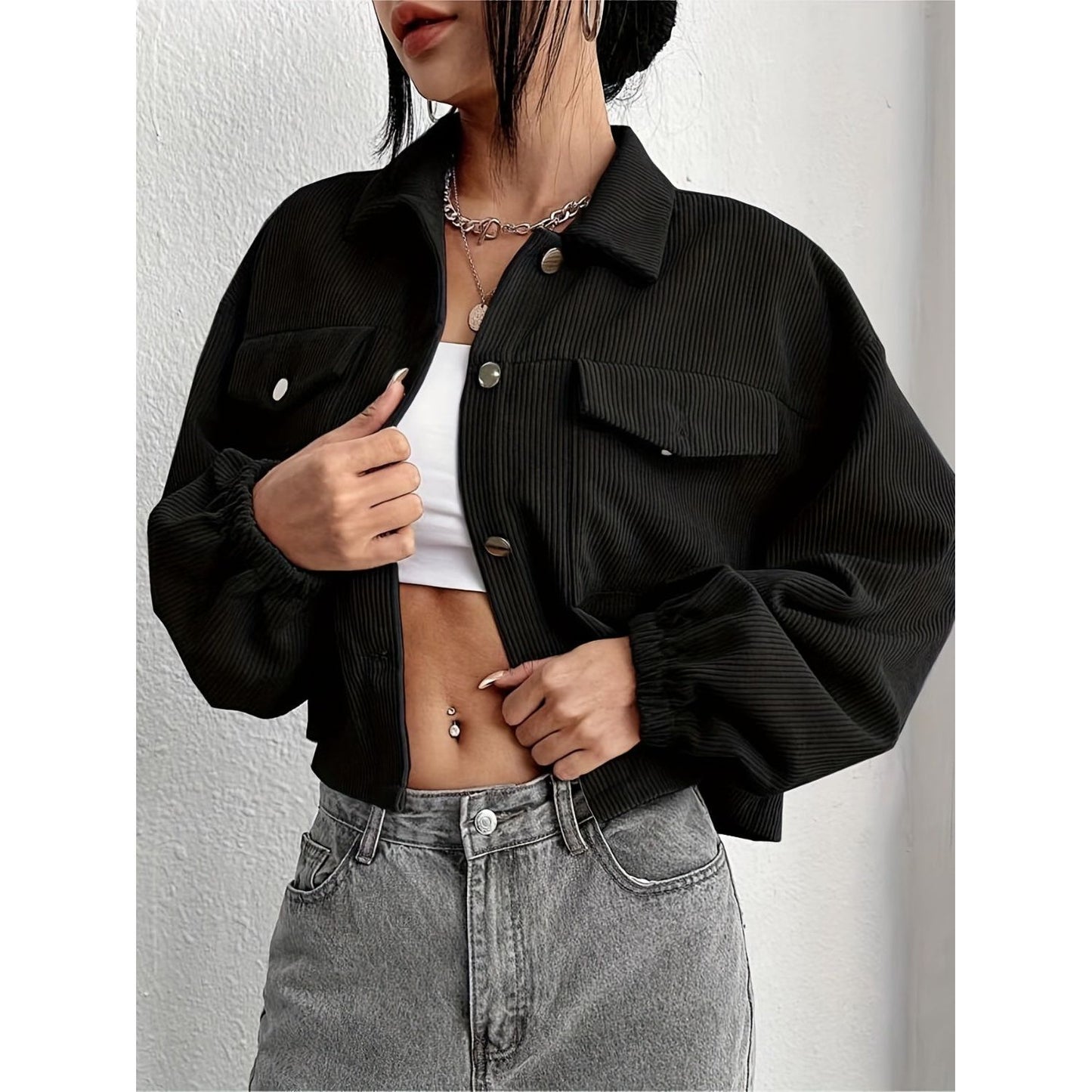 Collared Neck Dropped Shoulder Jacket