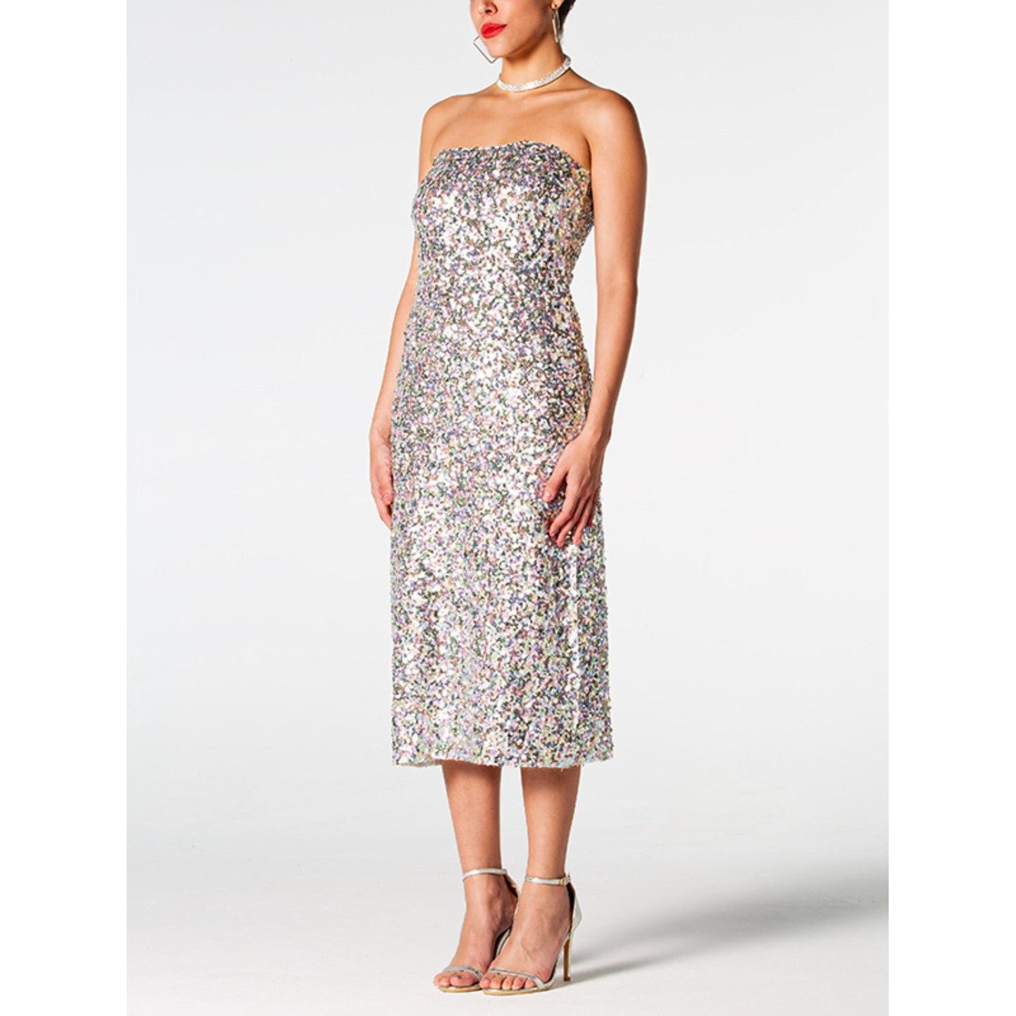 Sequin Straight Neck Midi Wrap Dress