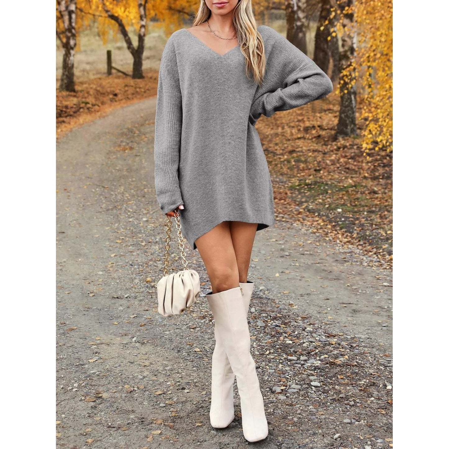 V-Neck Dropped Shoulder Sweater Dress