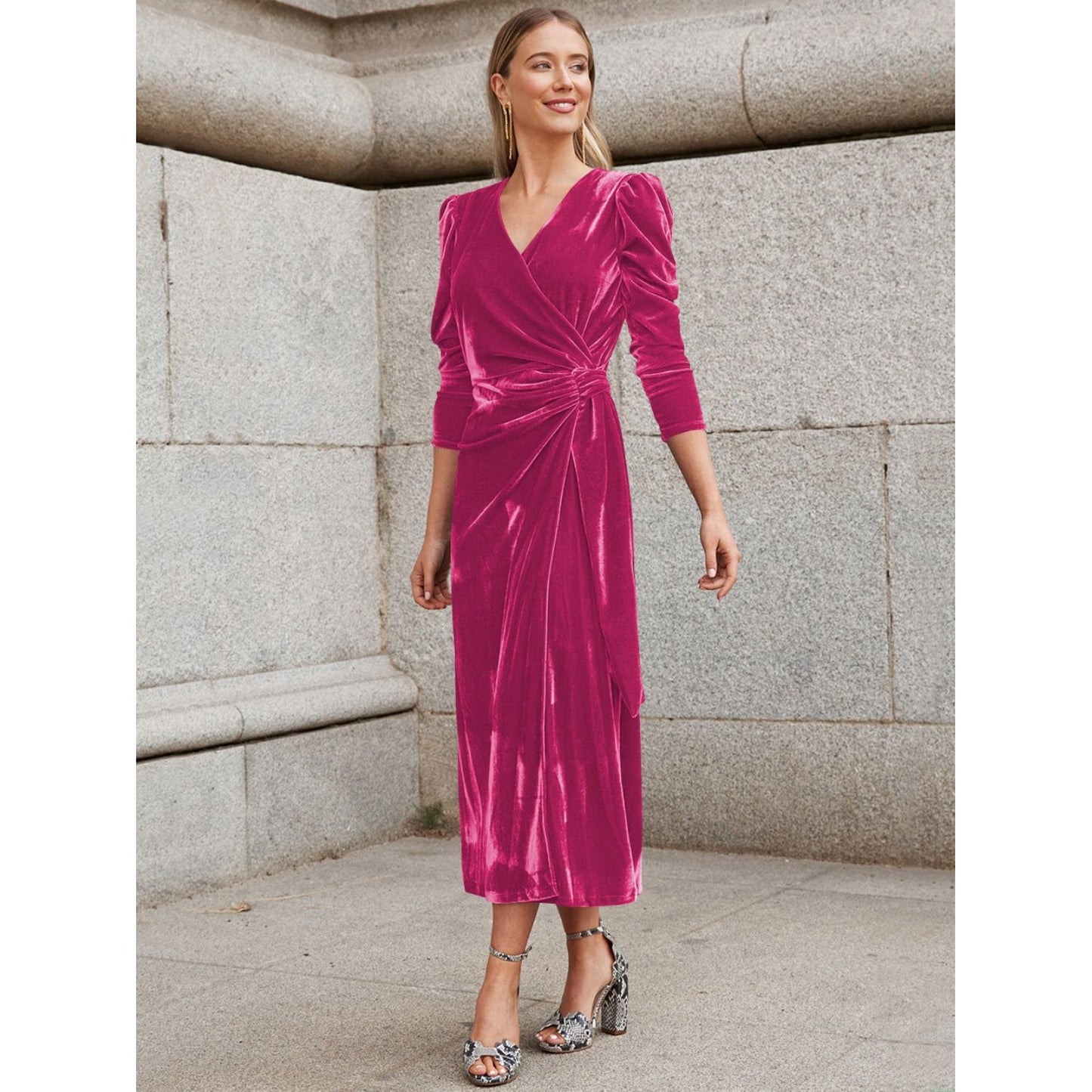 Surplice Puff Sleeve Midi Dress