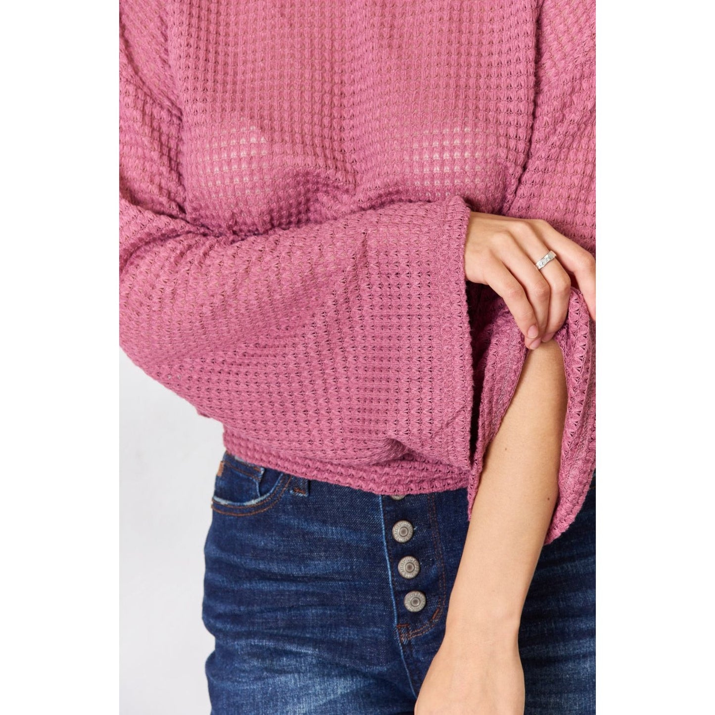 Culture Code Full Size Waffle-Knit Round Neck Long Sleeve Blouse