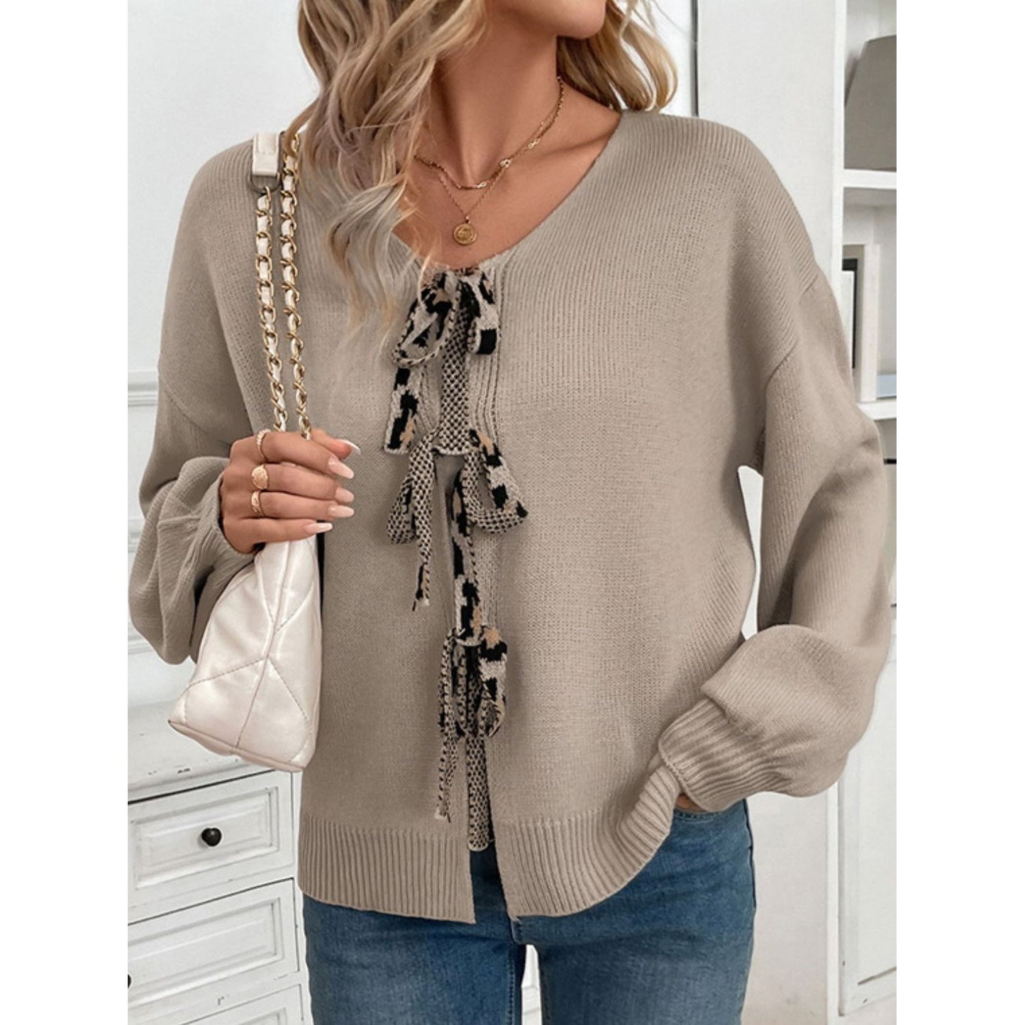 Perfee Tied Contrast Heart V-Neck Long Sleeve Cardigan