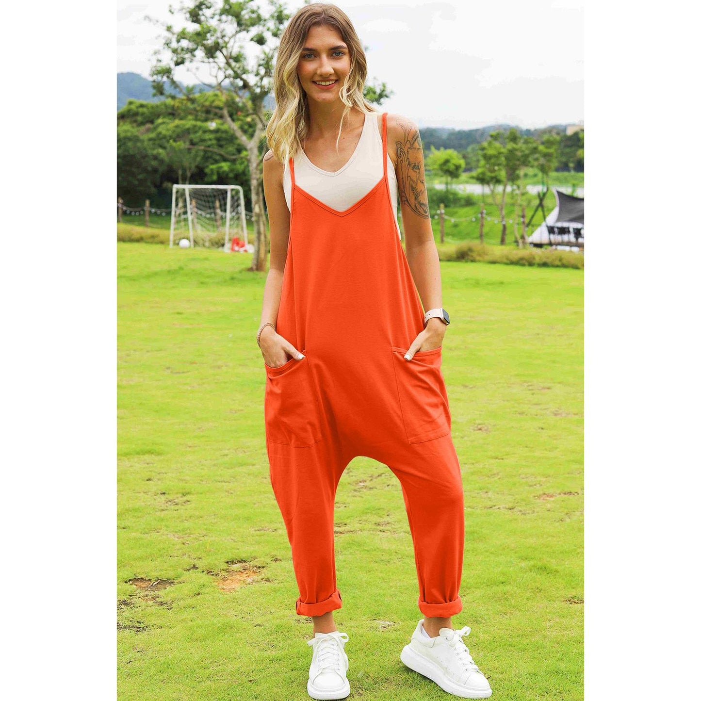 Double Take Full Size Sleeveless V-Neck Pocketed Jumpsuit