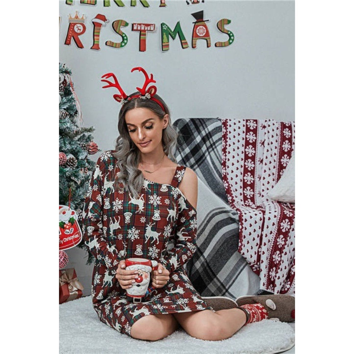 Christmas Asymmetrical Neck Long Sleeve Dress