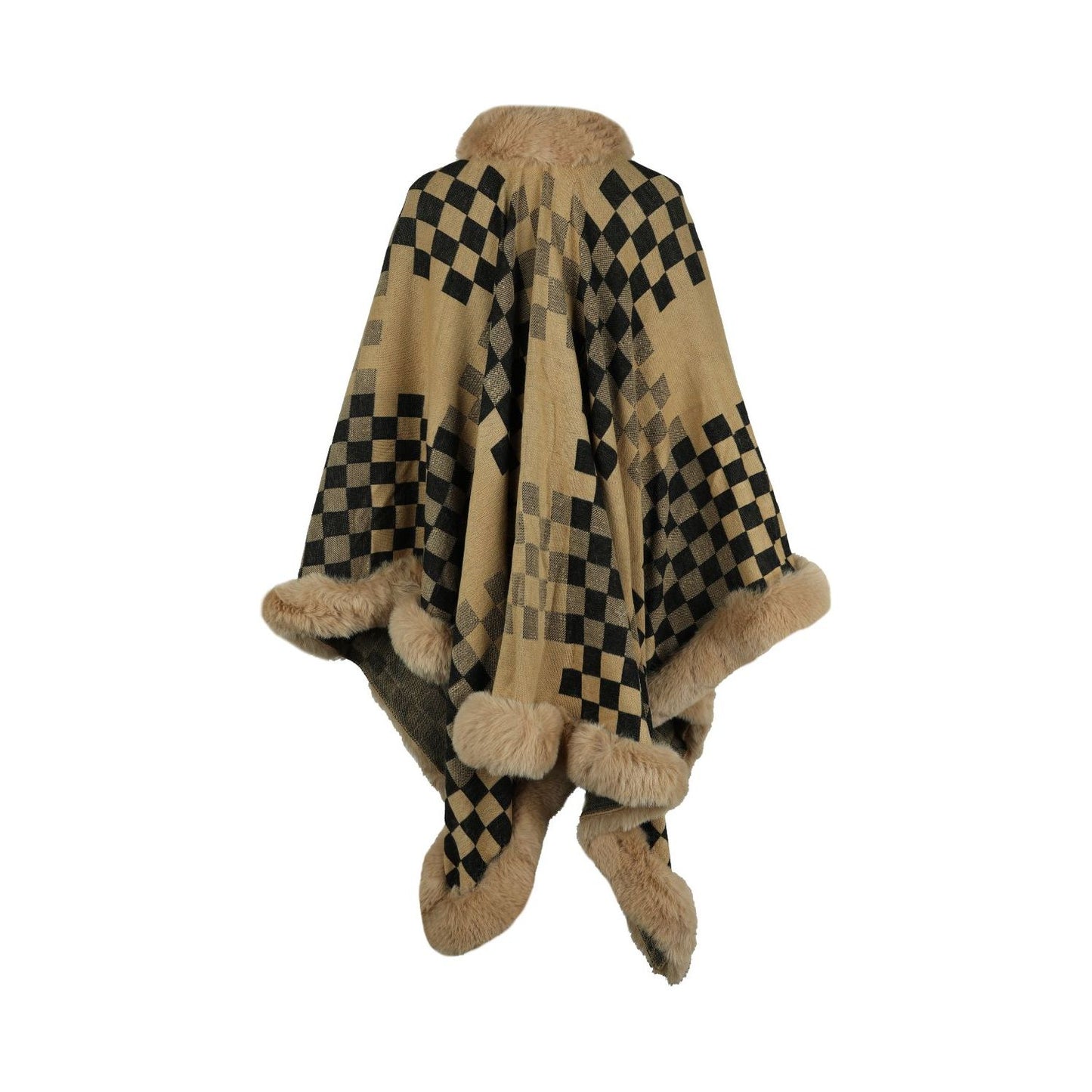 Checkered Faux Fur Trim Poncho