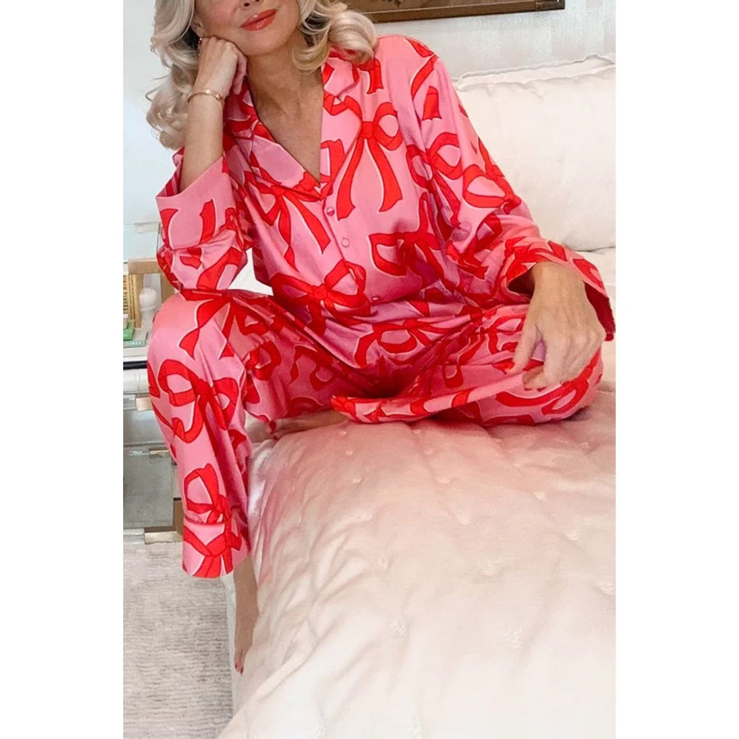 Bow Print Collared Neck Top and Pants Lounge Set