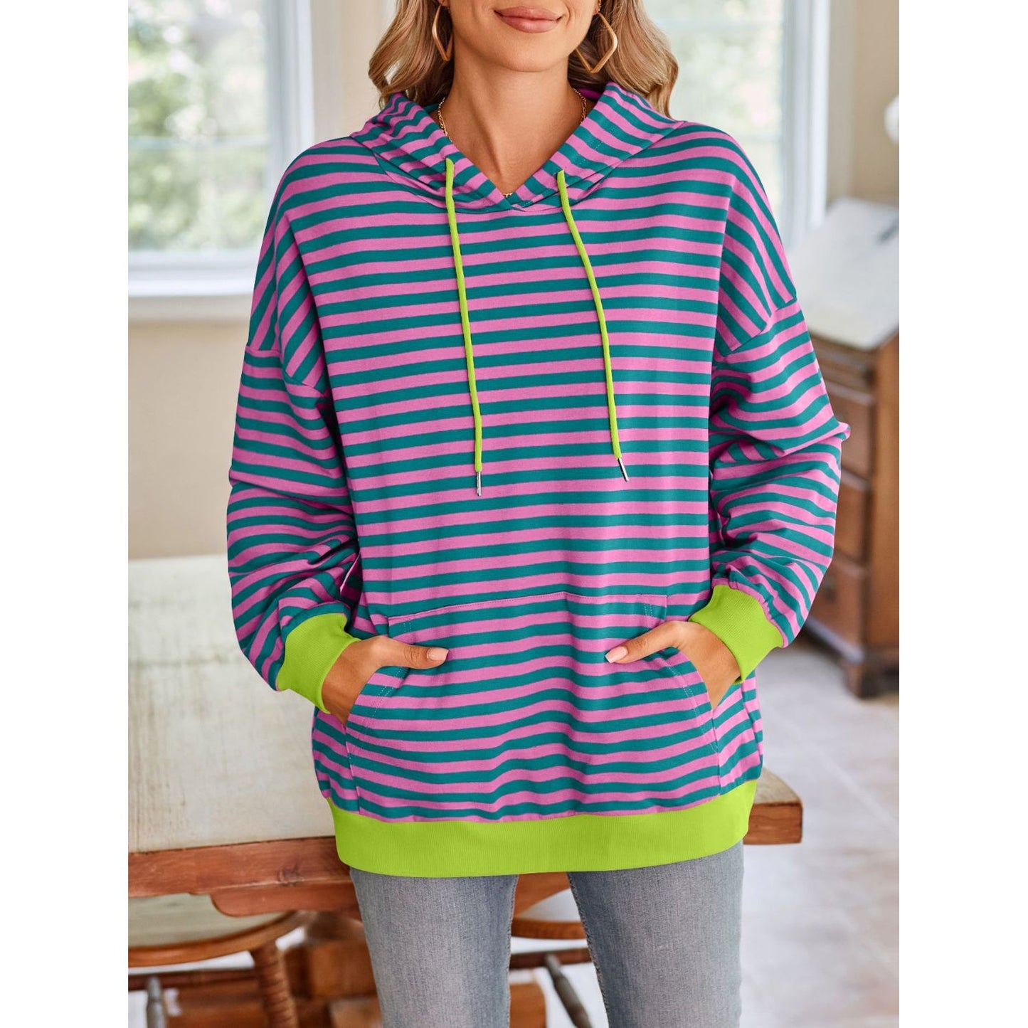 Lovelet Drawstring Striped Long Sleeve Hoodie