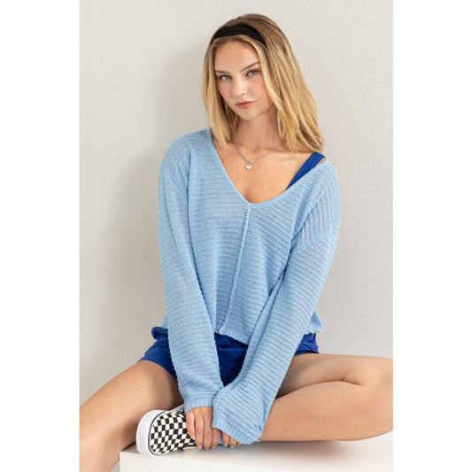 HYFVE V-Neck Stripe Texture Long Sleeve Top