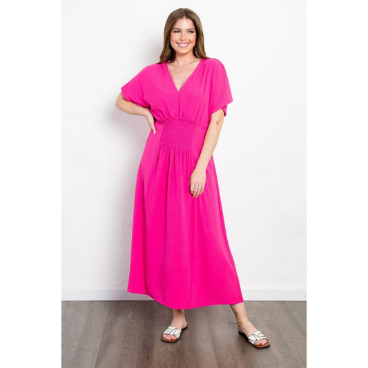 Be Stage Full Size Shirred Front Short Sleeve Maxi Dress