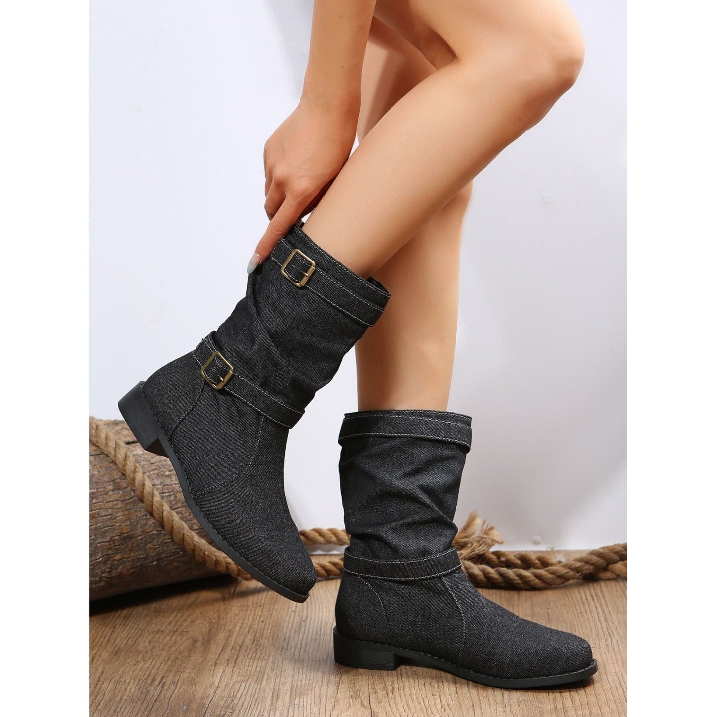 Double Buckle Block Heel Boots