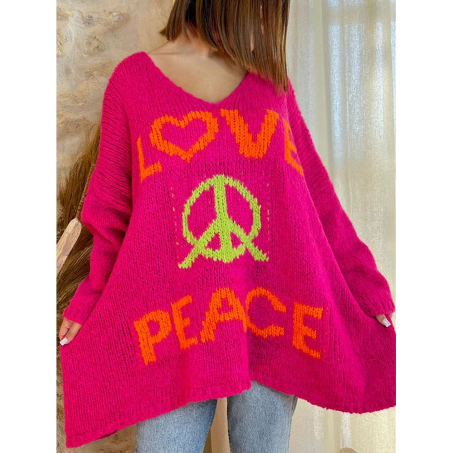 Peace Graphic V-Neck Long Sleeve Sweater