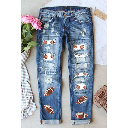 Distressed Football Straight Jeans