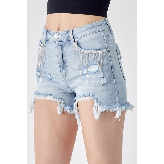 RISEN Frayed Hem Denim Shorts with Fringe Detail Pockets