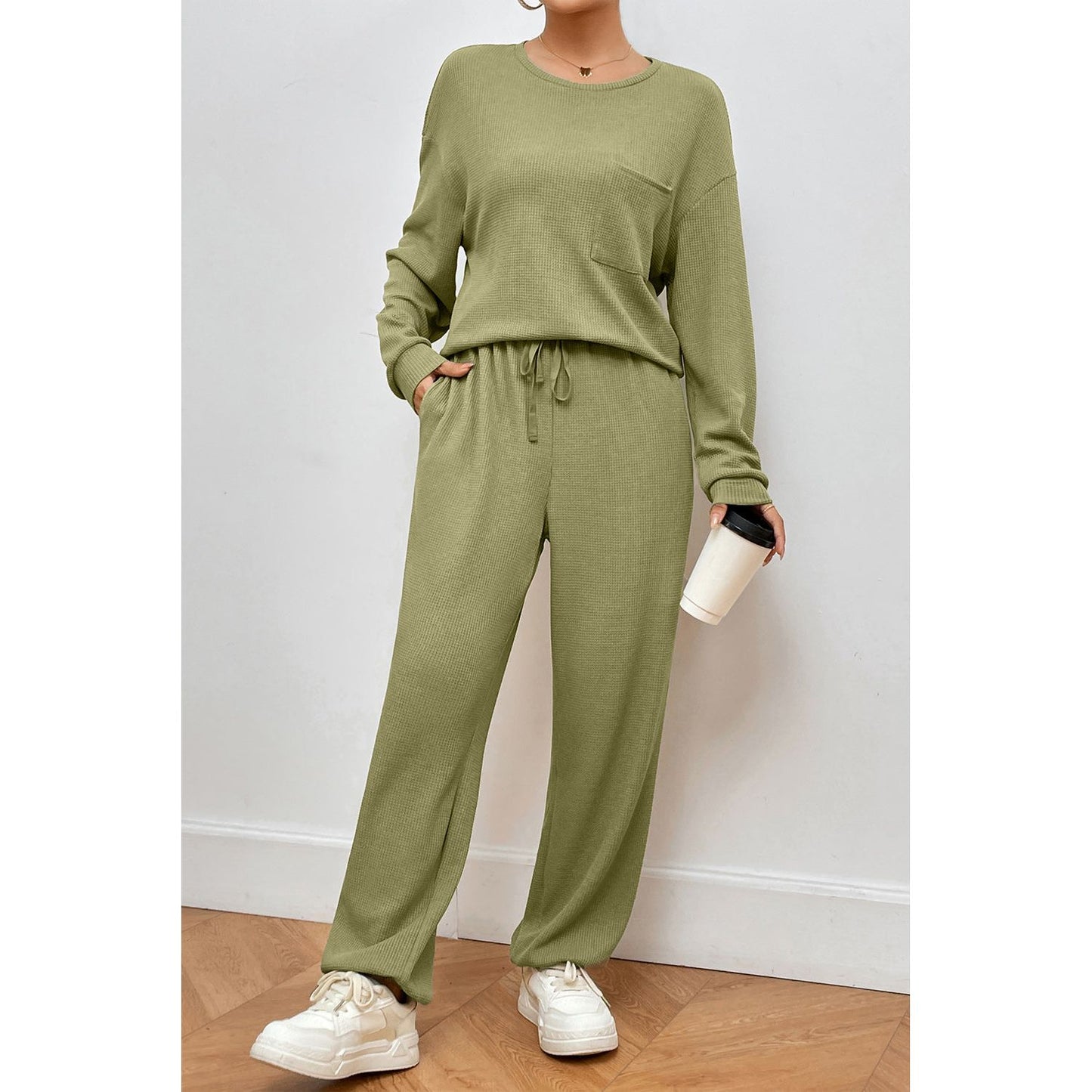 Pocketed Round Neck Top and Pants Lounge Set