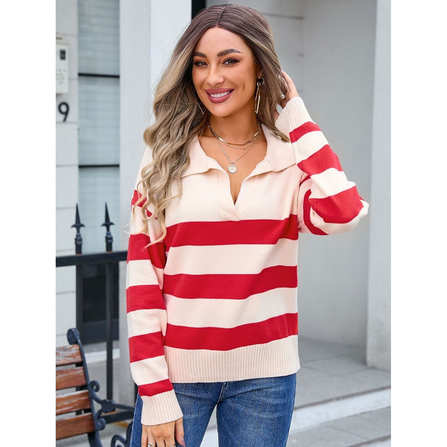 Angel Wings Striped Johnny Collar Knit Top