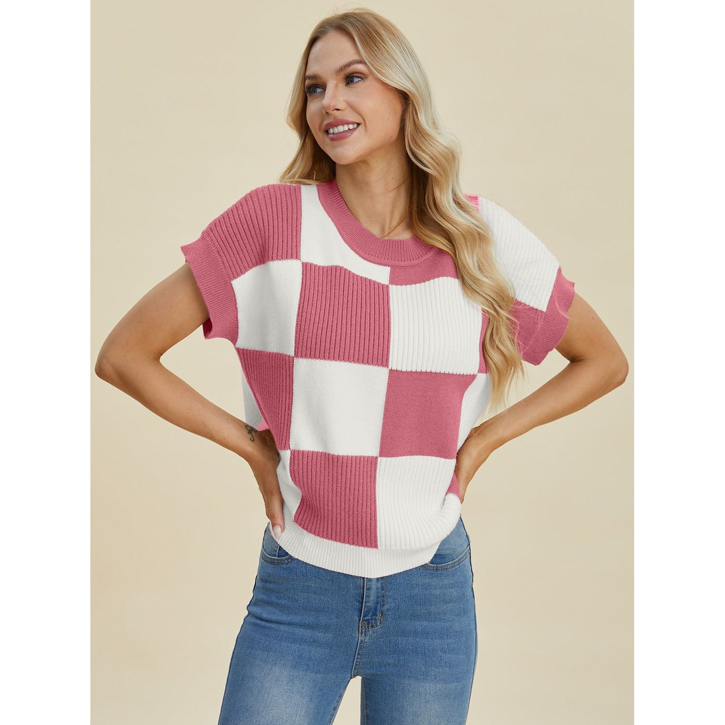 Double Take Full Size Checkered Round Neck Short Sleeve Sweater