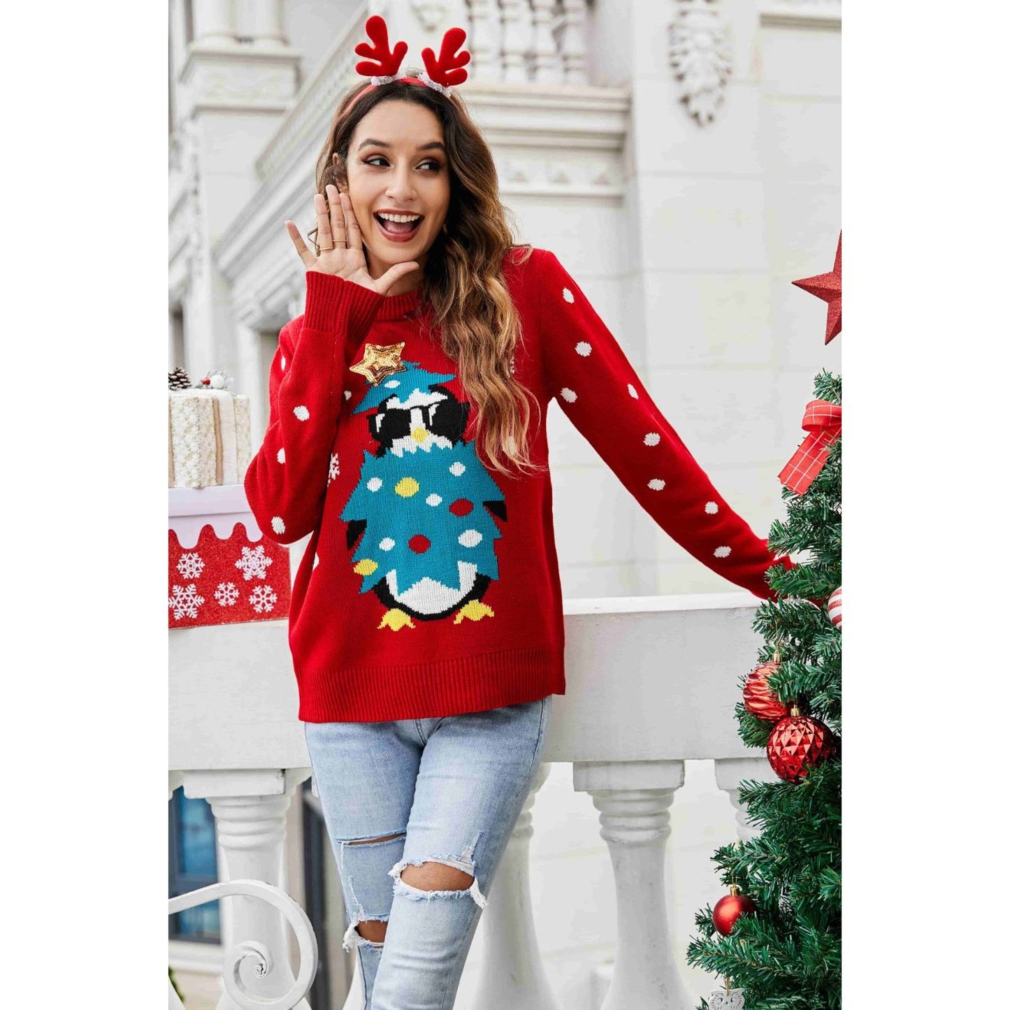 Christmas Penguin Graphic Sequin Sweater