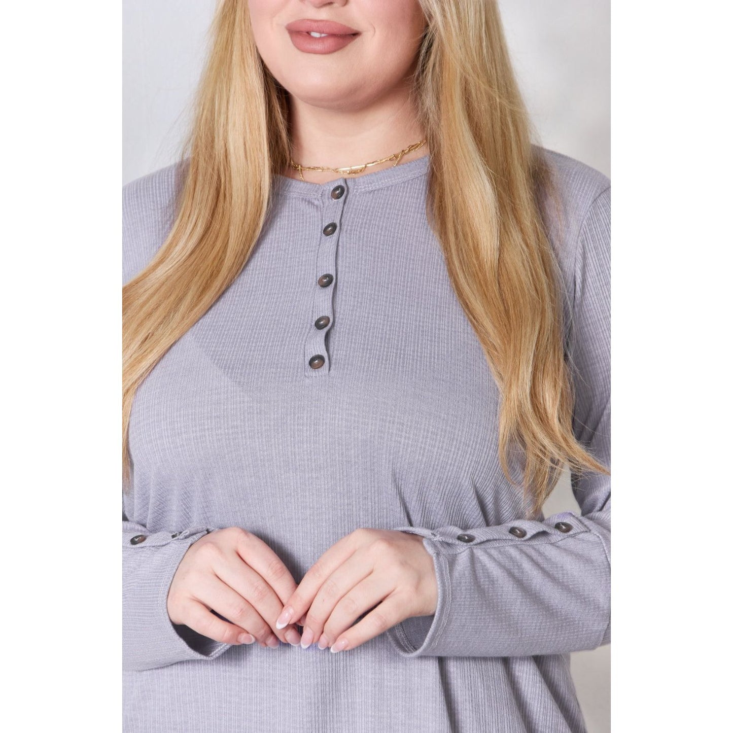 Heimish Full Size Texture Half Button Long Sleeve Top