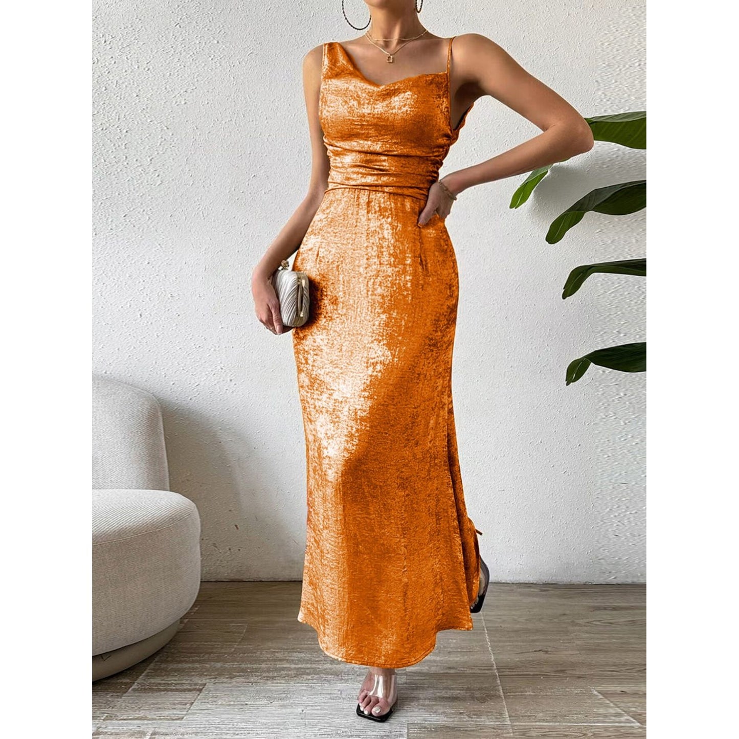 Honey Asymmetric Neck Sleeveless Midi Dress