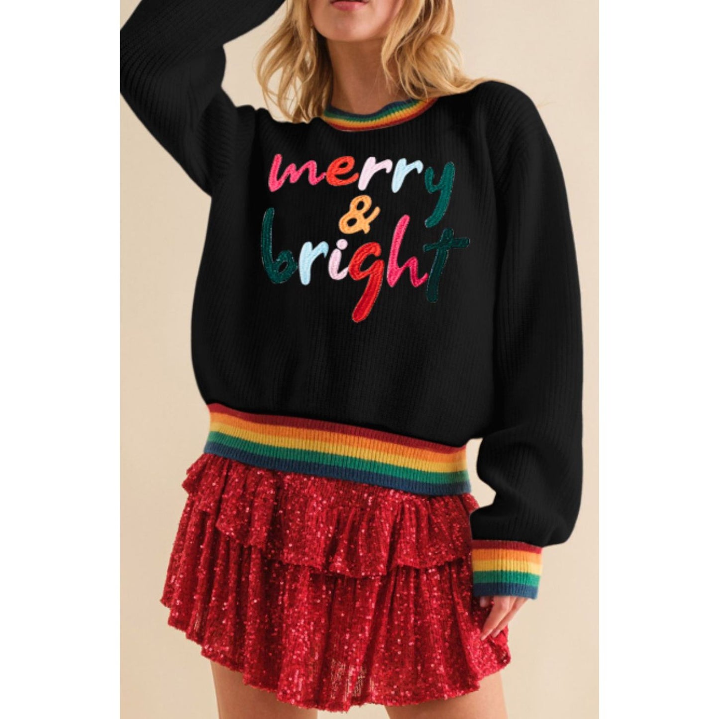 MERRY & BRIGHT Ribbed Round Neck Sweater