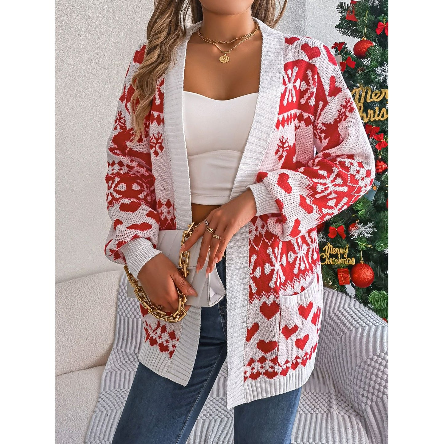 Pocketed Open Front Long Sleeve Cardigan