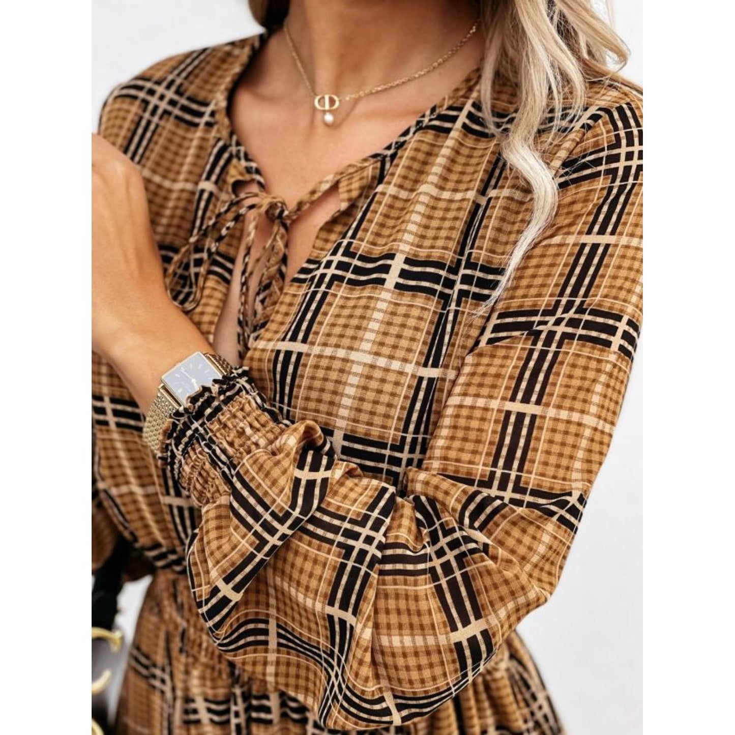 Slit Plaid Tie Neck Long Sleeve Maxi Dress