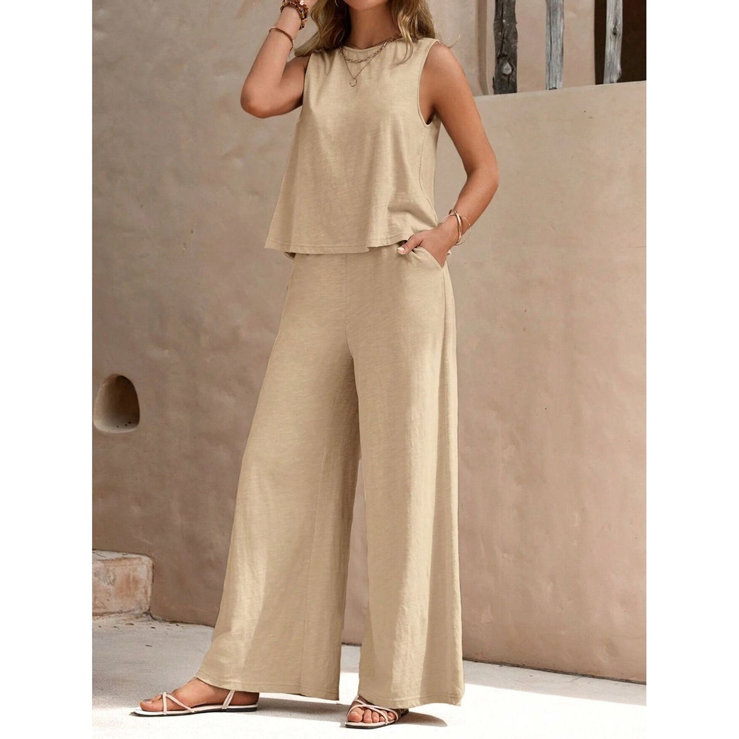 Round Neck Sleeveless Top and Wide Leg Pants Set