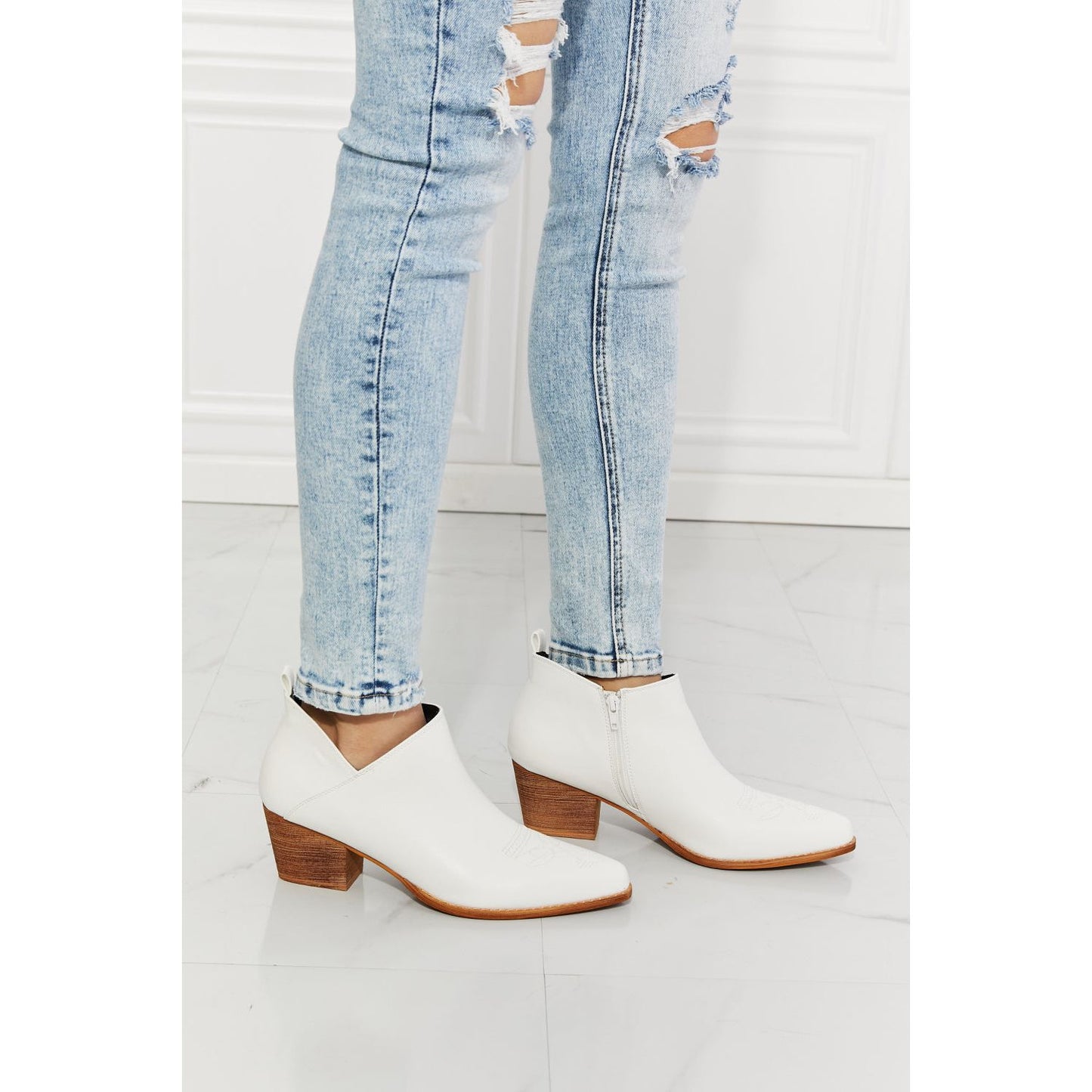 MMShoes Trust Yourself Embroidered Crossover Cowboy Bootie in White