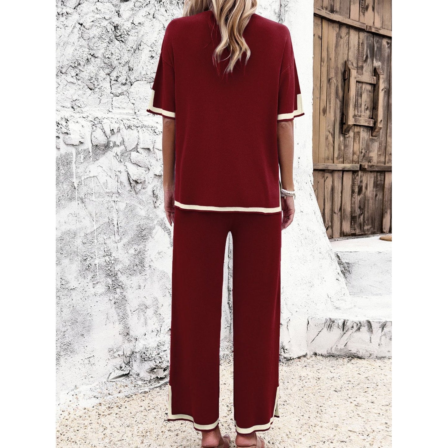 Contrast Trim Round Neck Top and Pants Set