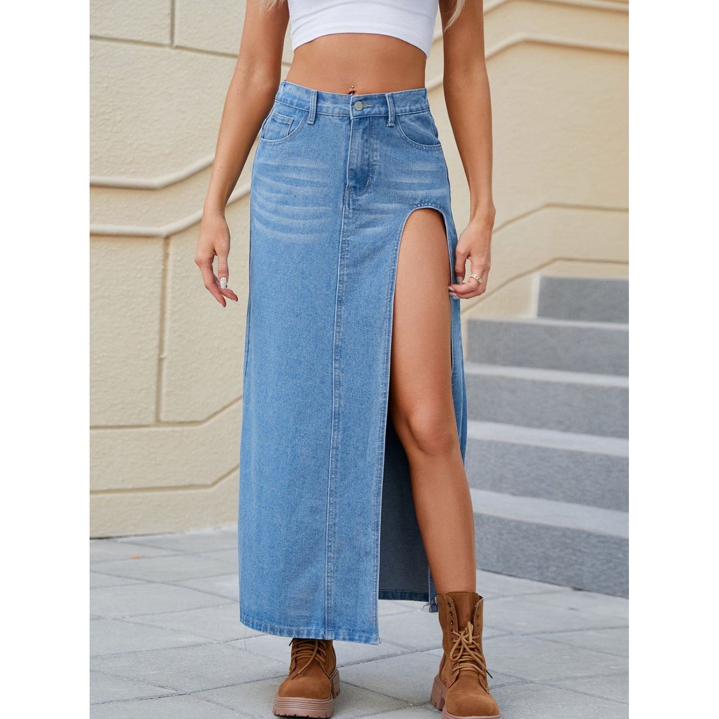 Slit Buttoned Denim Skirt with Pockets