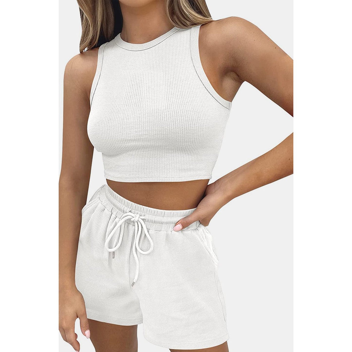 Round Neck Top and Drawstring Shorts Set