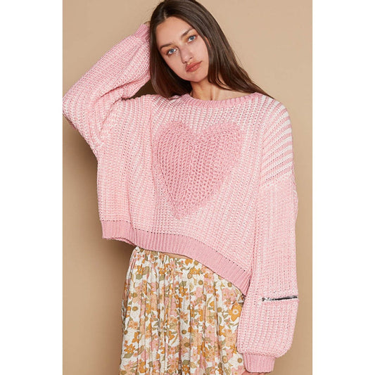 POL Round Neck Heart Patch Zipper Point Sleeve Sweater