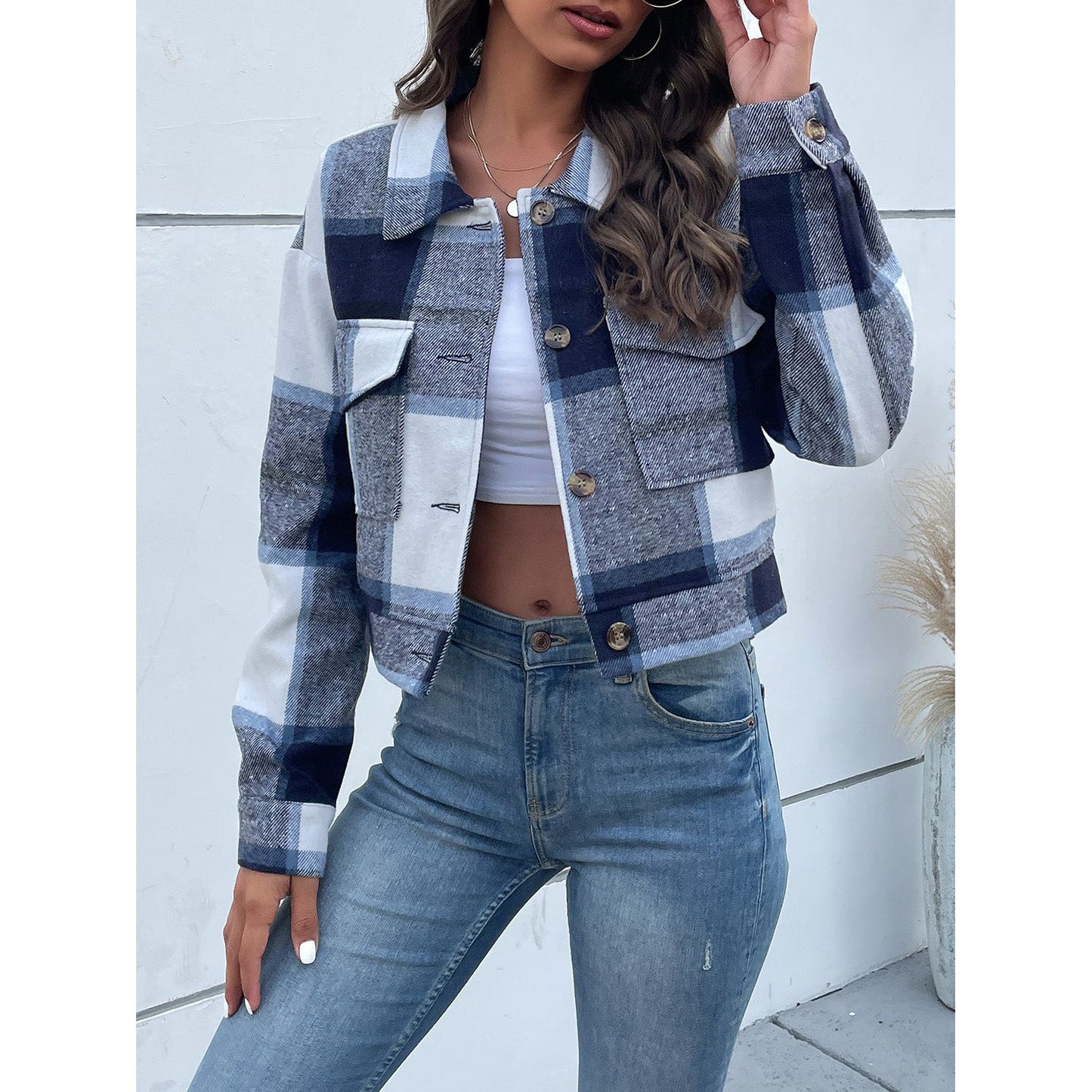 Perfee Plaid Button Up Drop Shoulder Cropped Jacket