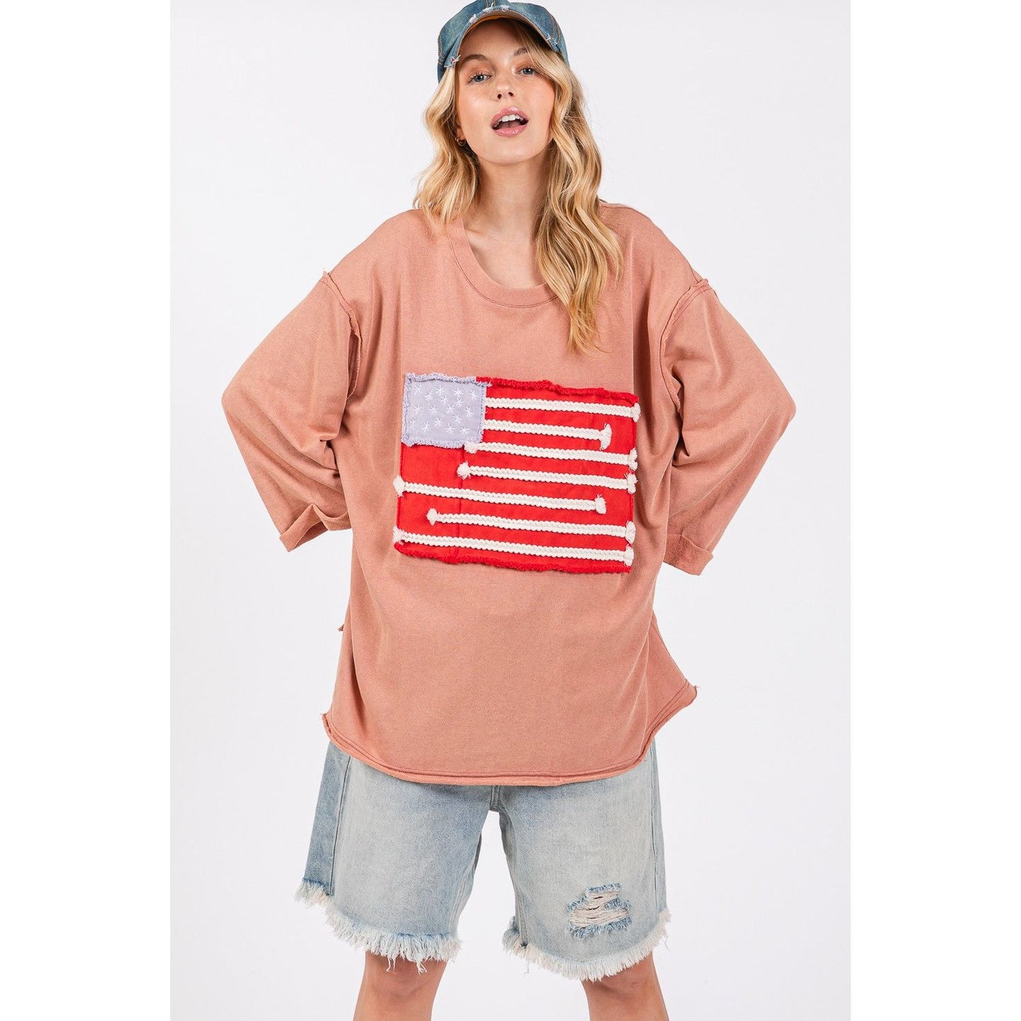 SAGE + FIG Full Size American Flag Patch Drop Shoulder T-Shirt