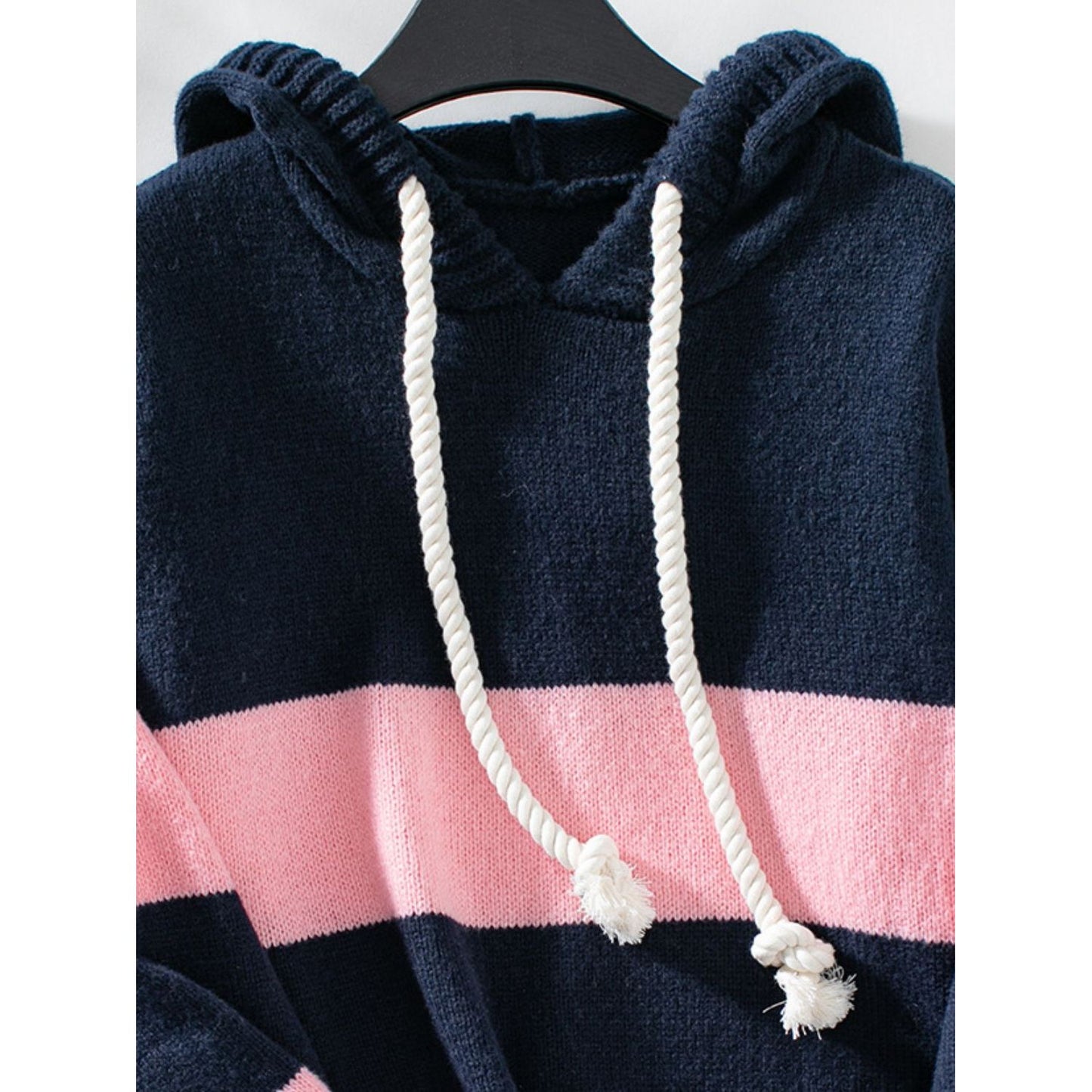 Drawstring Contrast Stripe Dropped Shoulder Hooded Sweater