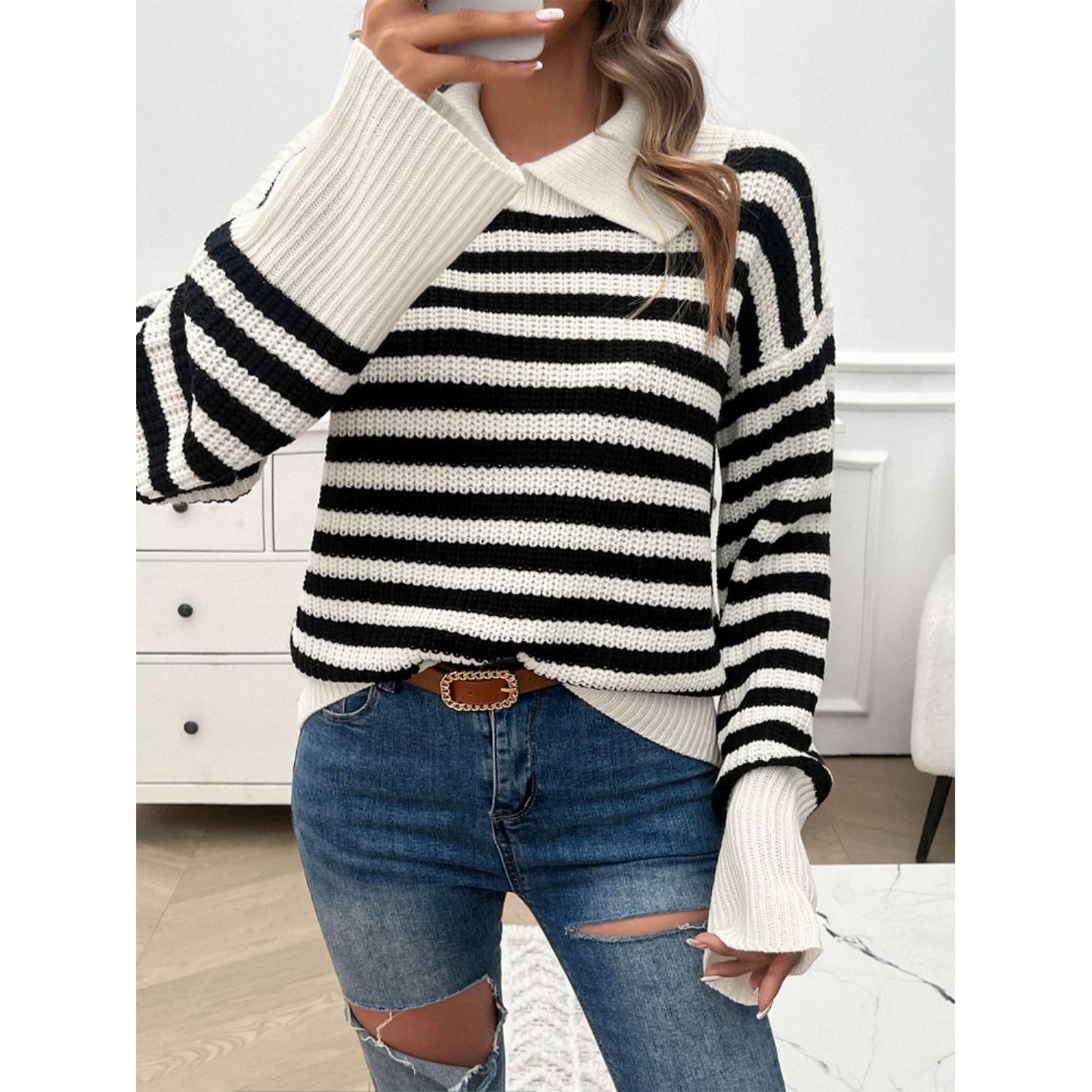 Devine Striped Collared Neck Long Sleeve Sweater