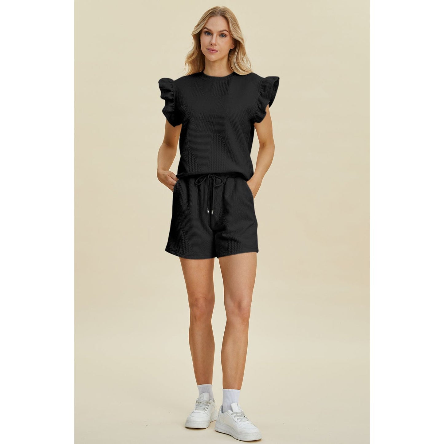 Double Take Full Size Texture Round Neck Ruffle Sleeve Top and Shorts Set