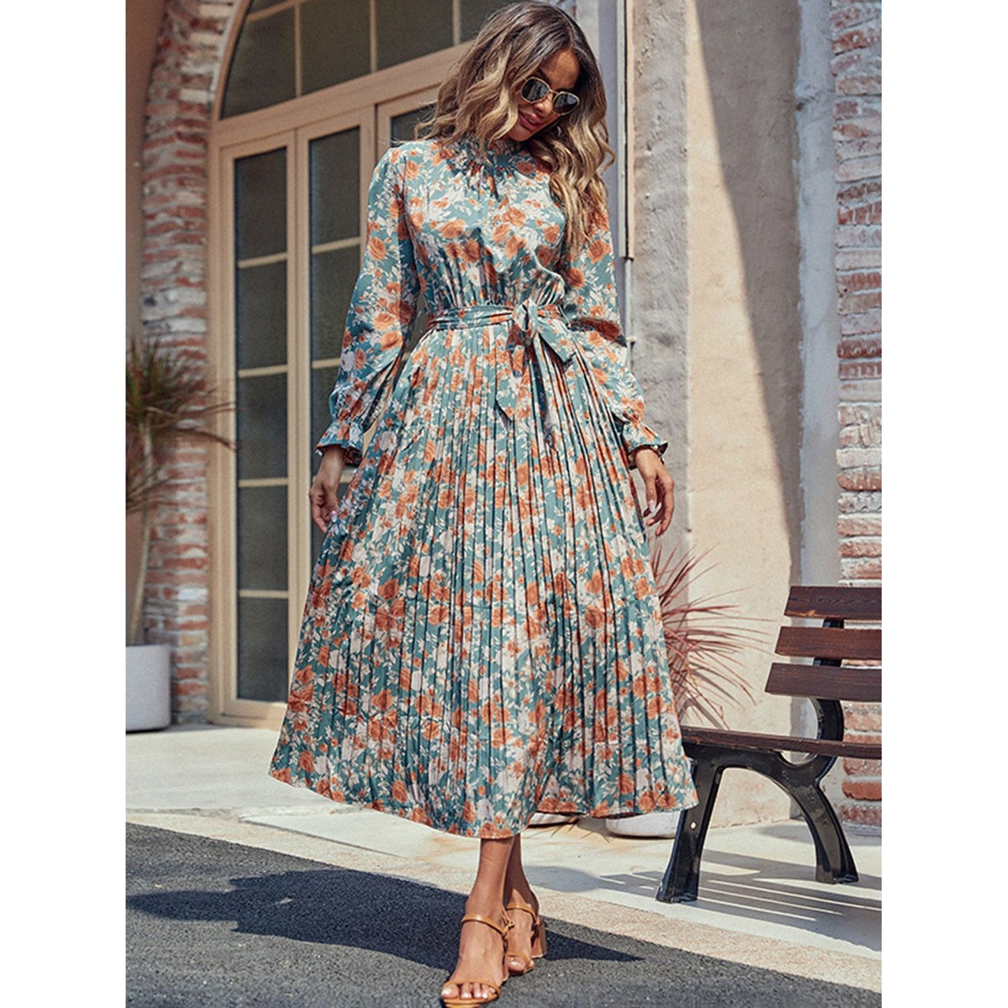 Perfee Tied Pleated Printed Mock Neck Long Sleeve Dress