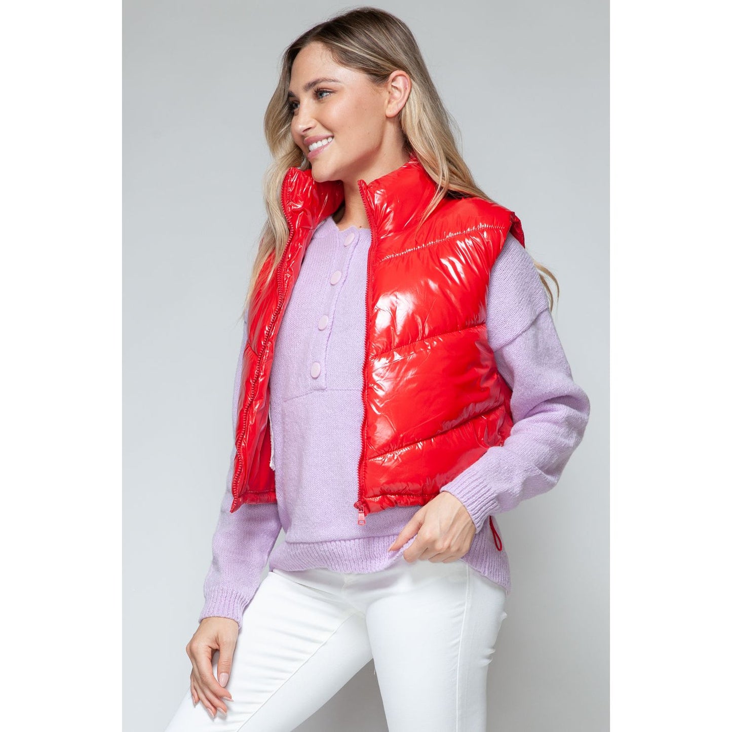 Snobbish Zip Up Turtleneck Shiny Quilted Vest